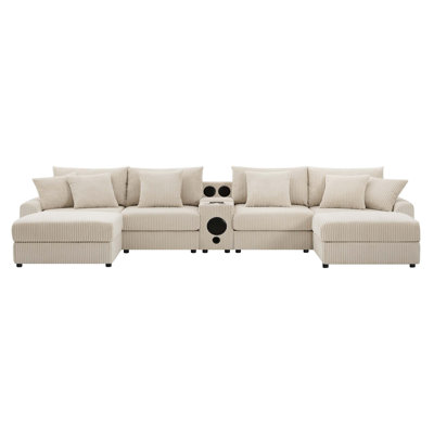 141.5*64'' Corduroy Sectional Sofa with tooth Speakers, U-Shaped Couch with Console, USB Charger, Cup Holders, Storage, Ottoman, Deep and Wide Seat Cloud Sofa for Living Room&Apartment