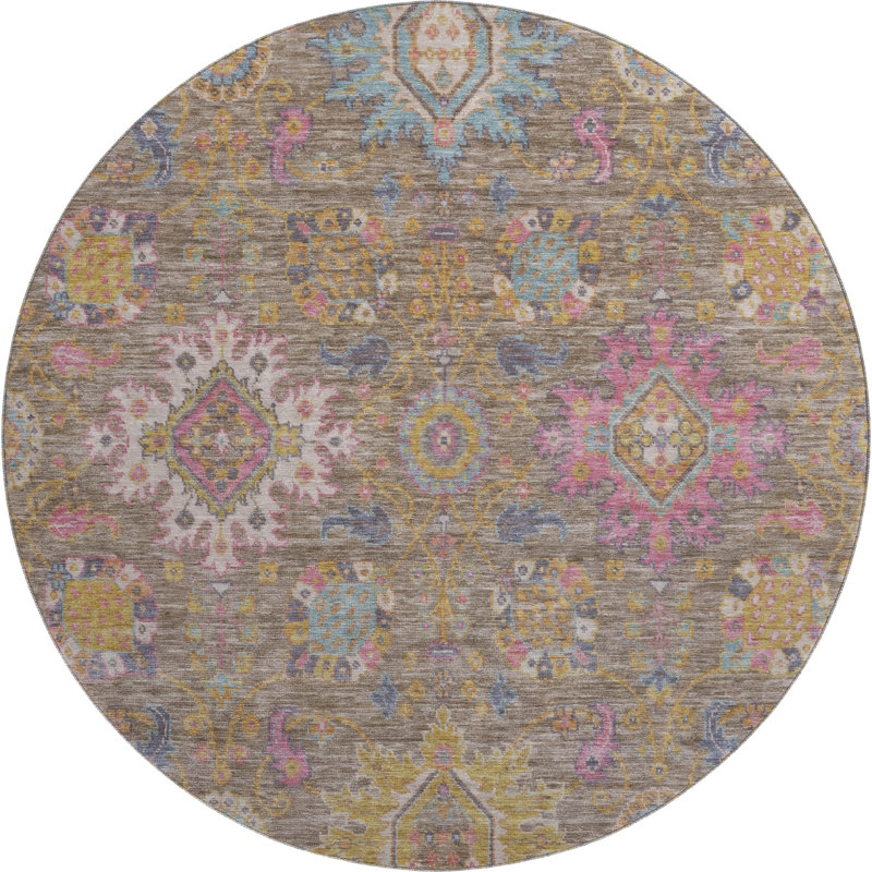Premium Machine Washable Mayfield AMF2151 medallions Rug, Mocha, Round 8'