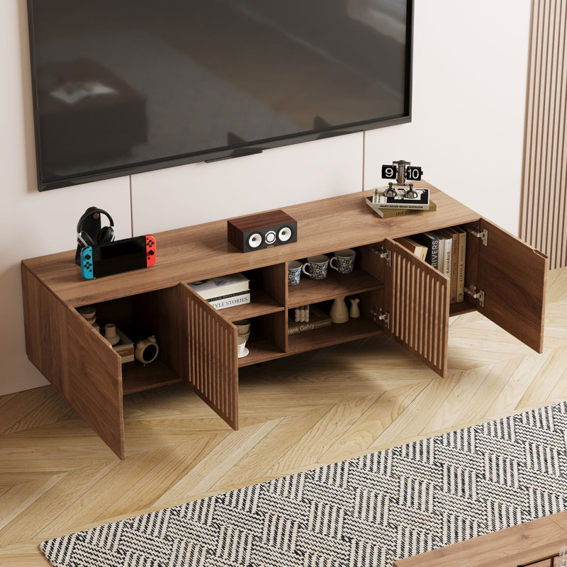 Meuble télé 70,87 po avec portes à persiennes, cadre en panneau de fibres à densité moyenne et base en métal, console multimédia