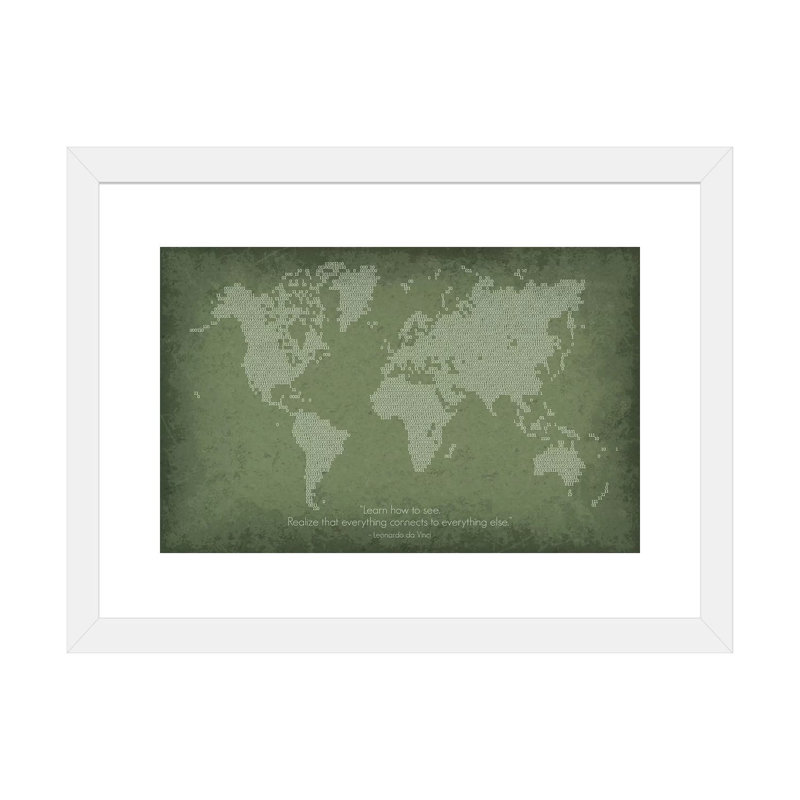 Carte du monde binaire - reproduction d'art textuel, H 24 po x l 32 po x P 1 po, Papier encadré blanc, Blanc