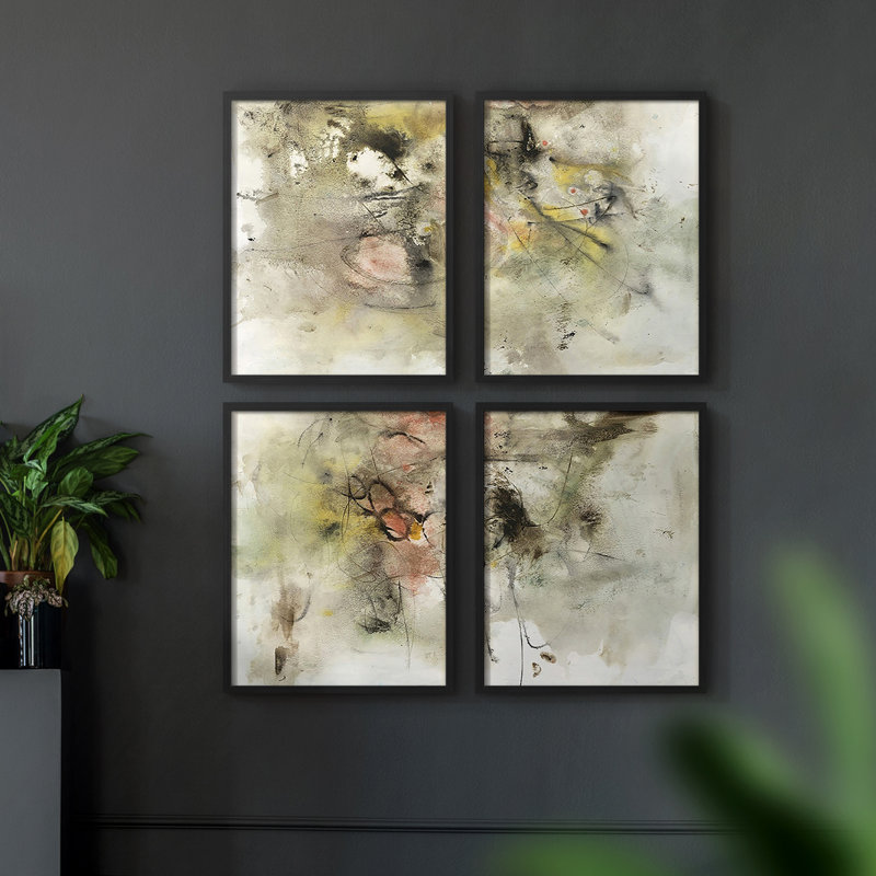 «Forest Foliage On Linen I», 4 pièces sur papier, Cadre noir, H 14 po x l 44 po