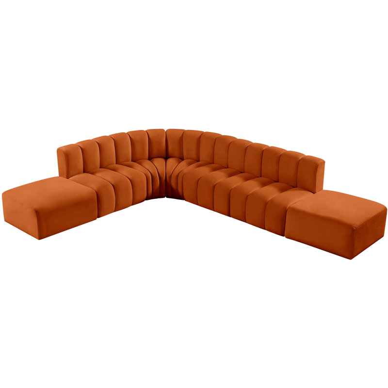 Hrefna Upholstered Curved Sectional with Ottoman Reversible, Cognac Velvet