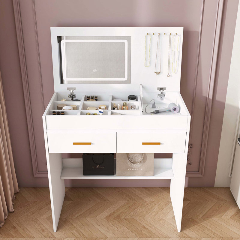 Flip Top Vanity Desk with LED Mirror and Built-in Outlet