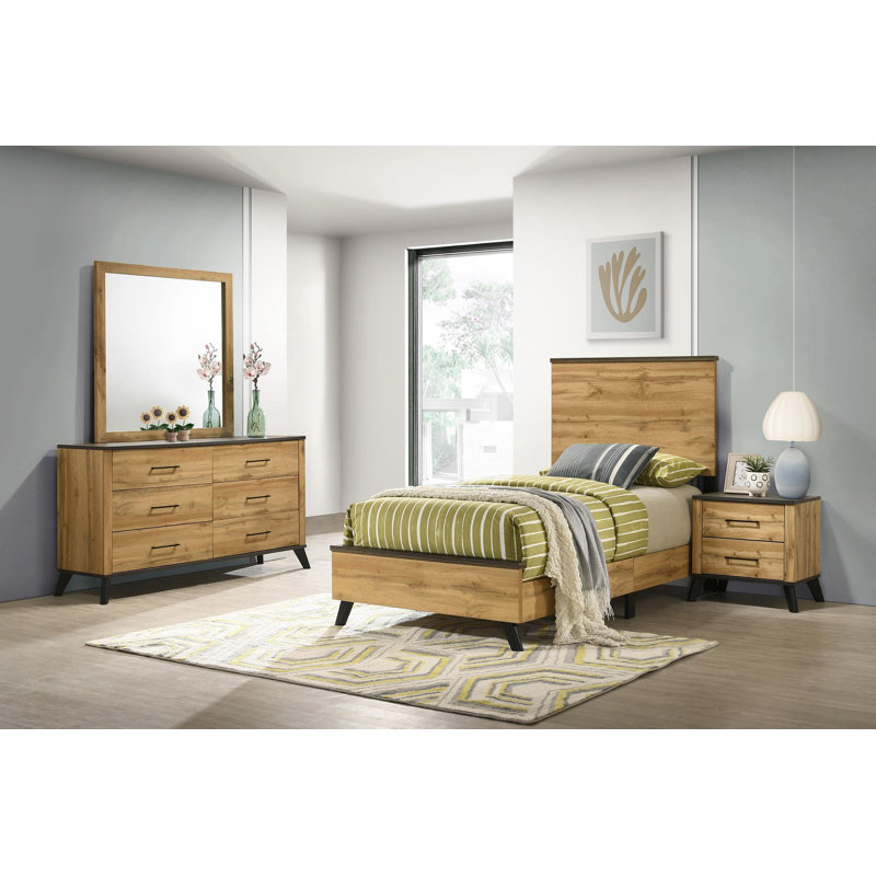 Ensemble de chambre à coucher simple 4 pièces Falu Pin naturel, Simple, 4 Pcs: Dresser; Mirror; Bed; Nightstand
