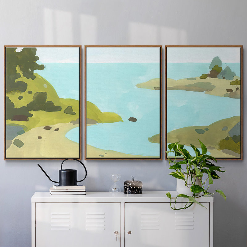 «Coastal Inlet IV», peinture sur toile 3 pièces, H 24 po x l 48 po, Cadre noyer