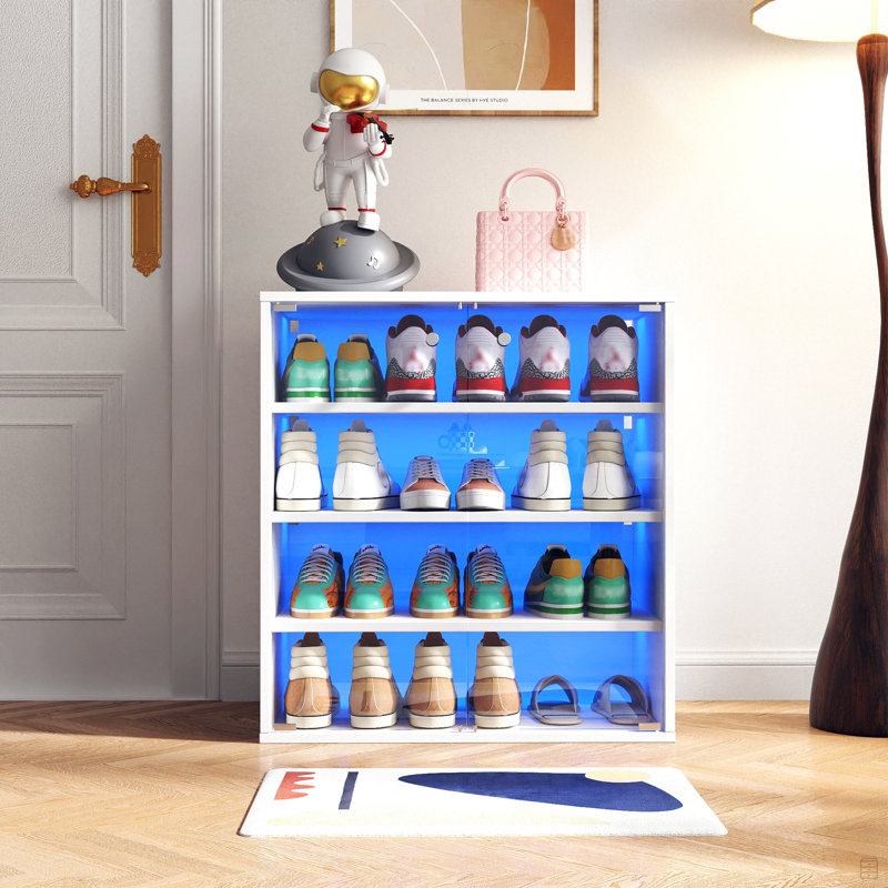 Shoe Box With RGB LED Light, Wooden Stackable Shoe Storage Box With Glass Door, Shoe Storage Bin Shoe Display Case(4 Tier-1)