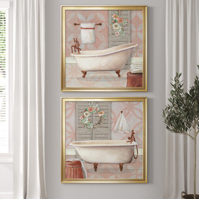 " Blushing Bath I " 2 - Pieces, 30.5" H x 61" W x 1.5" D, Gold Framed Canvas, No Mat