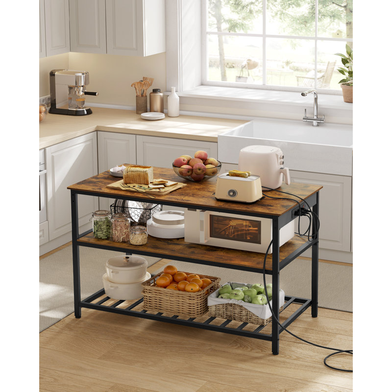 Kitchen Island with 3 Shelves, 47.2 Inches Width Kitchen Shelf with Power Strip, Rustic Brown/Black