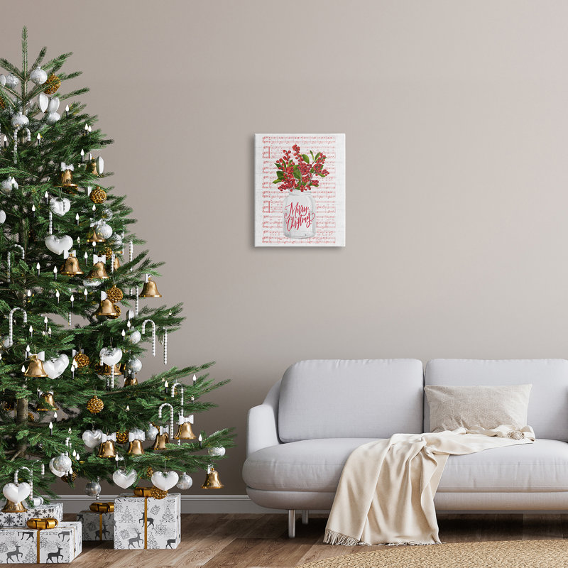 Houx de Noël, plante, feuille de musique, notes de fond, giclée noire, art texturé par lettres et lignes, Toile tendue