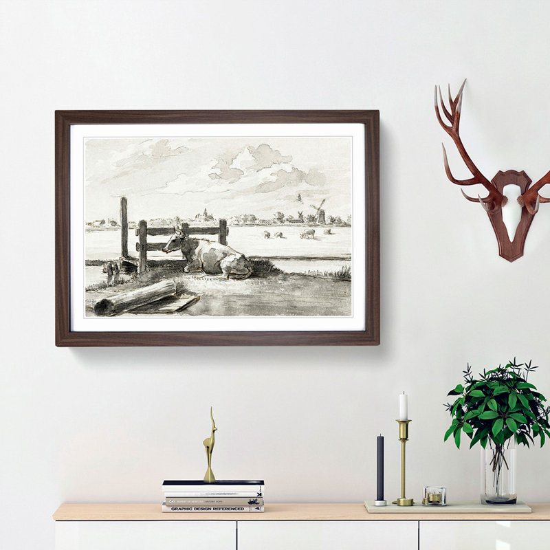 Field of Cows by Jean Bernard - Picture Frame Drawing Print, 36cm H x 48cm W x 2cm D, Walnut Framed