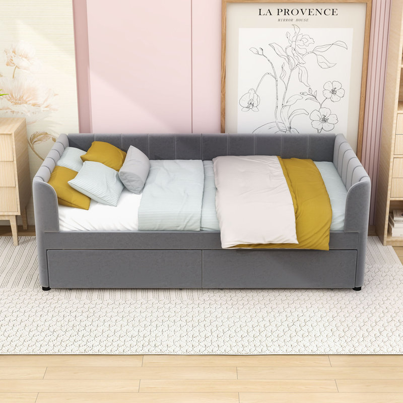 Twin Velvet Upholstered Daybed with Spacious Storage Drawers, Gray