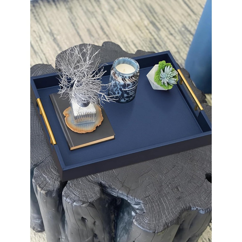 Faux Leather Serving Tray With Gold Metal Handles, Decorative Tray Organizer For Coffee Table, Ottoman, And Home Decor