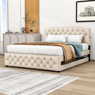 Grand lit tapissier capitonné avec lit gigogne simple et port USB