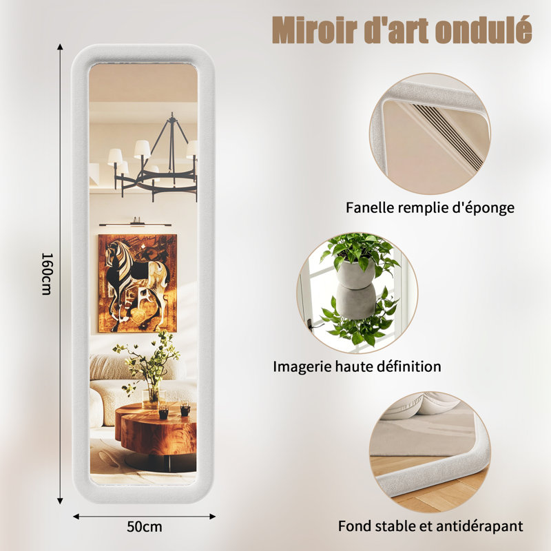Fabric Leaning and Freestanding Full Length Mirror, White, Rectangle