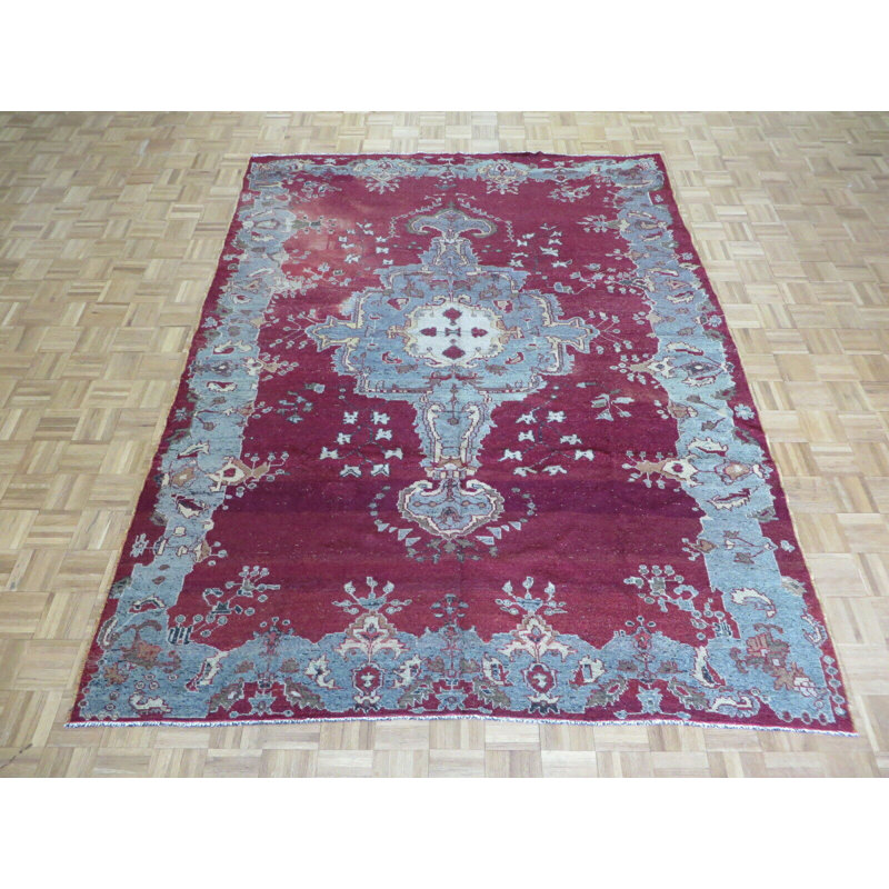 Tapis décoratif en laine rouge 7 pi 6 po x 9 pi 9 po one-of-a-kind Ezryn noué à la main