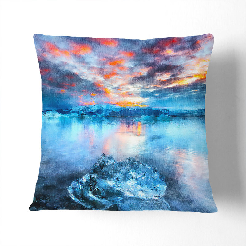 Iceland View Painting Cushion with Filling, 55cm H x 55cm W x 20cm D, White