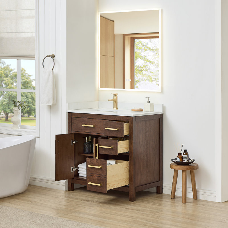 Ensemble de meuble-lavabo simple 36 po avec comptoir en quartz Beckett, Chêne blanchi, Or brossé, Quartz blanc