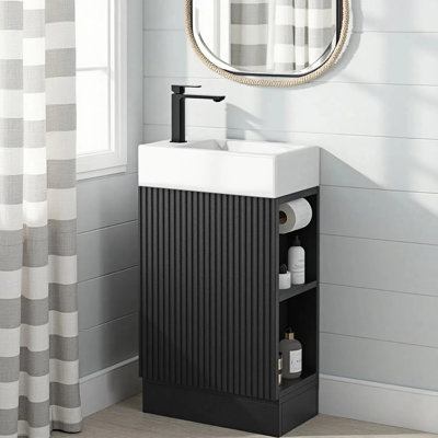 Petit meuble-lavabo autoportant 18 po avec porte-papier hygiénique et 1 porte à fermeture en douceur, rangement à gauche ou à droite