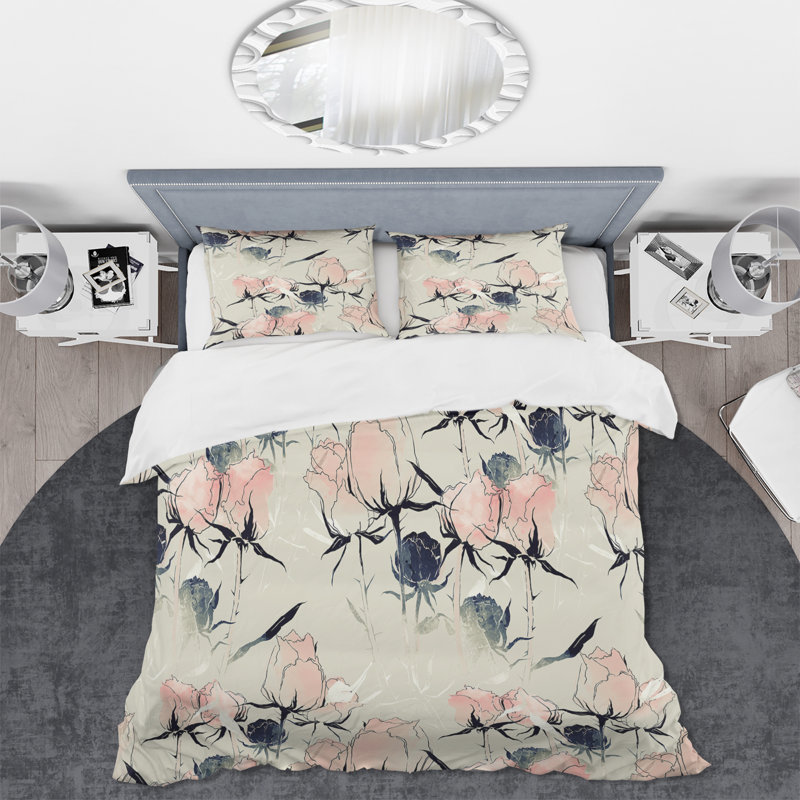 Roses roses pastel - Ensemble de housse de couette traditionnel - Microfibre de polyester