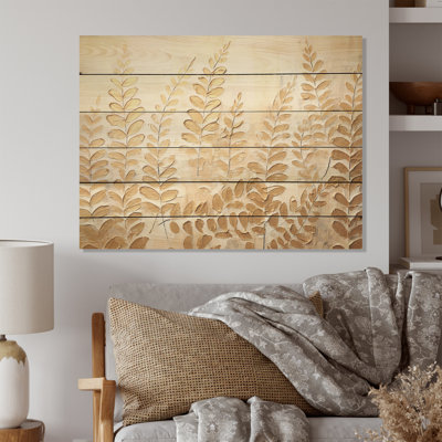 Gold Ferns Silent Getaway - Ferns Wood Wall Art On Natural Pine Wood