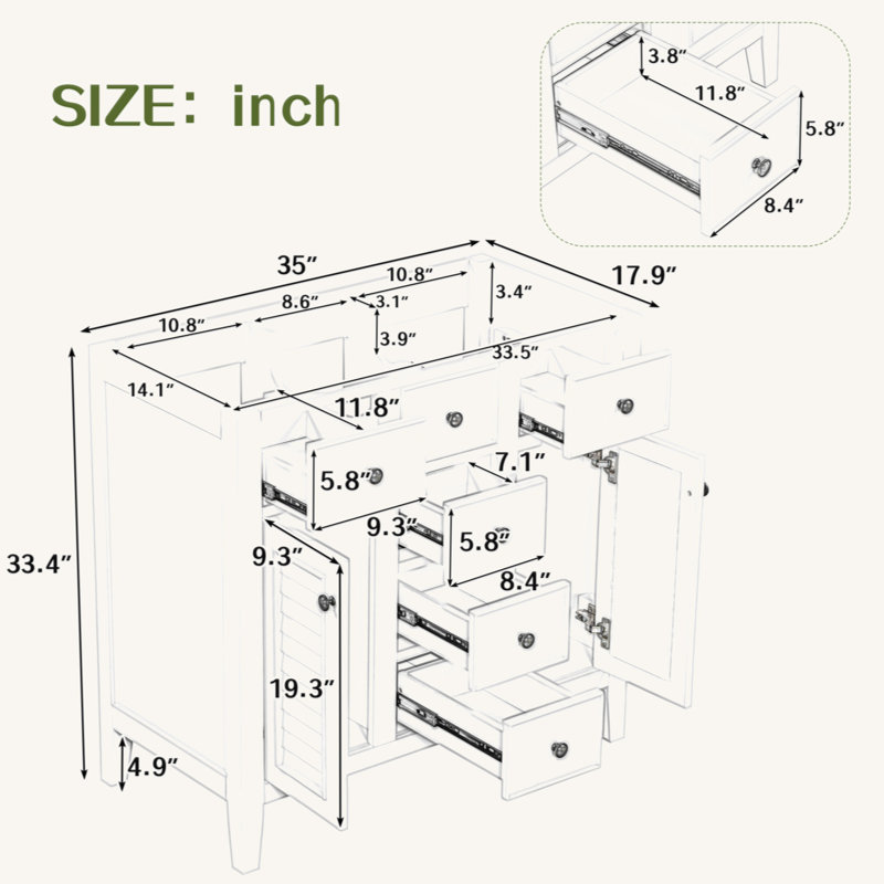 Gray 36" Freestanding Bathroom Vanity with Five Drawers