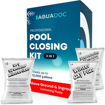 Trousse d'hivernage de piscine AquaDoc - Traite jusqu'à 12 000 gallons - Trousse de fermeture hivernale en 3 parties pour piscines creusées et hors-terre - Produits d'hivernage pour piscine fabriqués aux États-Unis