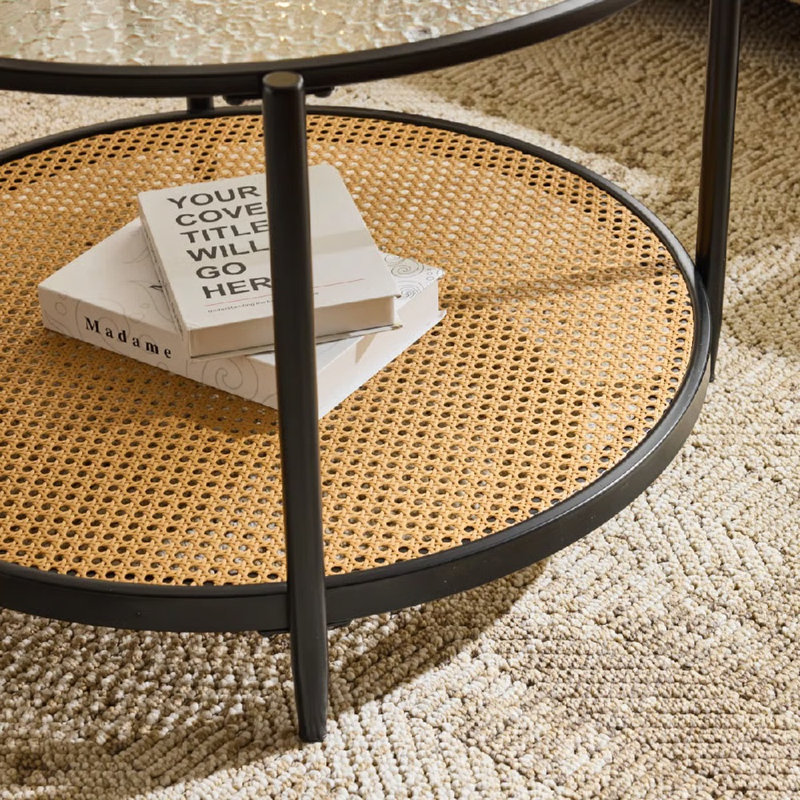 30.78In Black Iron Frame Ripple Glass + PVC Vine Double-Layered Round Coffee Table
