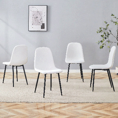 Ensemble de 4 chaises de salle à manger de luxe en lin et coton blanc avec pieds en métal noir intégrés, style simple et moderne pour la cuisine et la salle à manger
