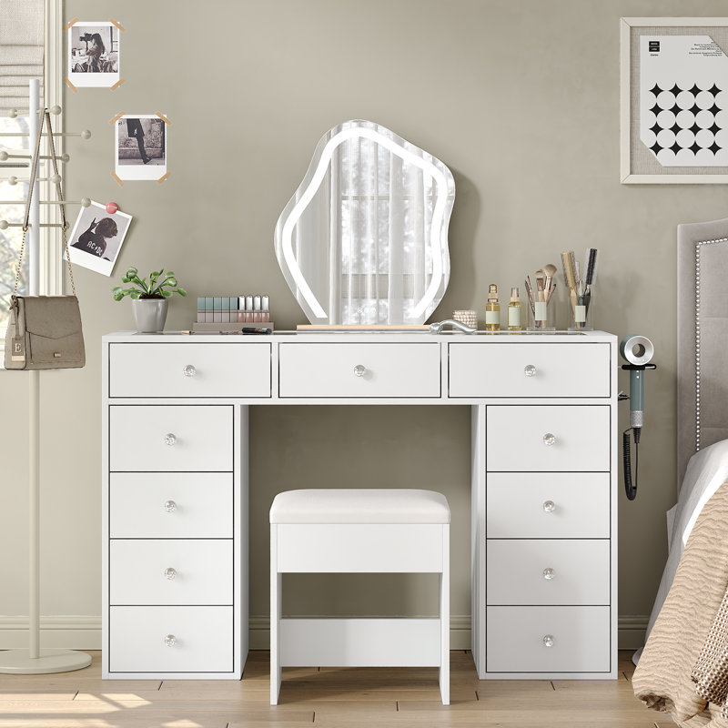 Vanity Desk Without Mirror, Makeup Vanity With 11 Drawers And Charging Station, White Vanity With Storage For Bedroom, Home Office Computer Desk For Bedroom
