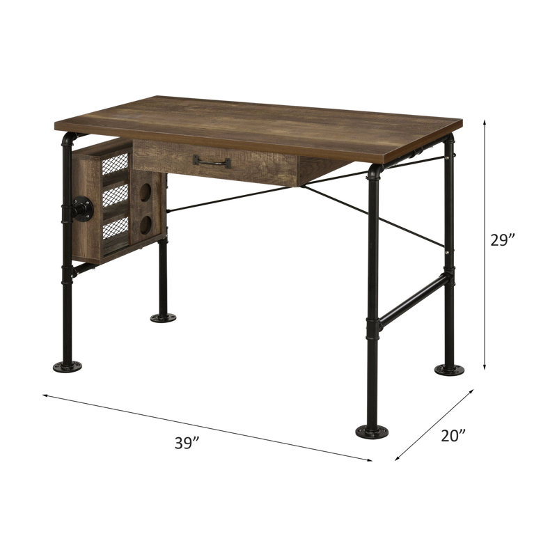 Table d'écriture avec design en chêne vieilli et noir, 1 tiroir et 3 tablettes de bureau rectangulaire de couleur noire