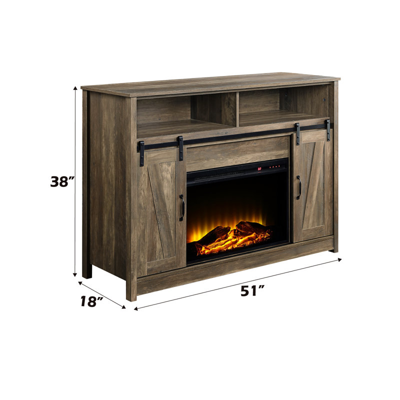 Meuble télé rectangulaire avec foyer au fini chêne rustique, porte de grange coulissante, 2 rangements de porte, compartiments ouverts, kd, dessus de foyer épais de 15 mm, panneau de particules en plastique et verre, métal, papier plaqué, 4777