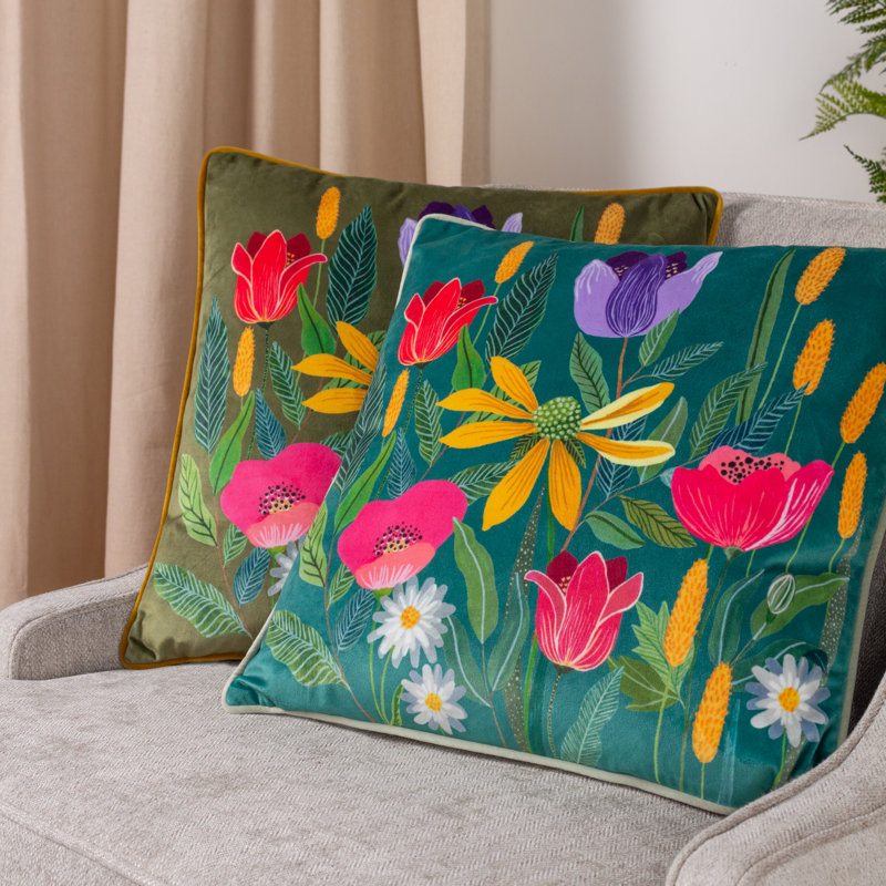 Floral Square Cushion, Teal, Polyester