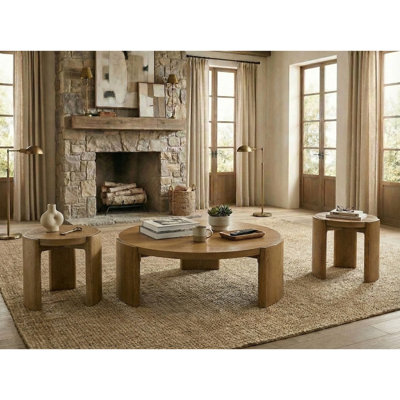 Ensemble de 3 pièces de style contemporain, 1 table basse, 2 tables de bout, socle, base ronde, mobilier de salon, finition noyer