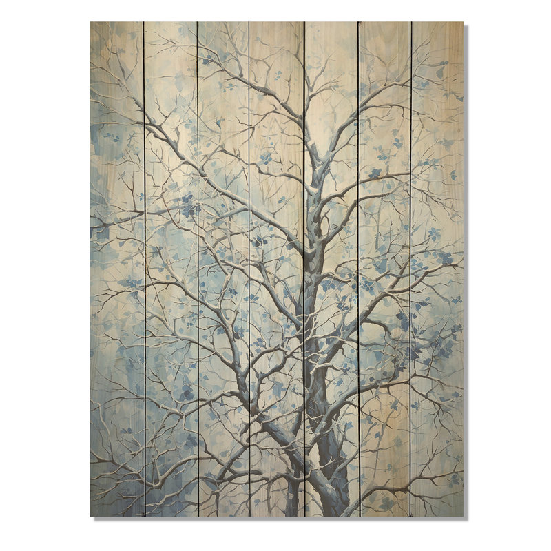 Arbre bleu et blanc qui fleurit en hiver III - Arbre sur bois, H 20 po x l 10 po