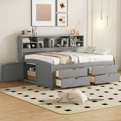 Wood Daybed With 2 Bedside Cabinets, Upper Shelves And 4 Drawers