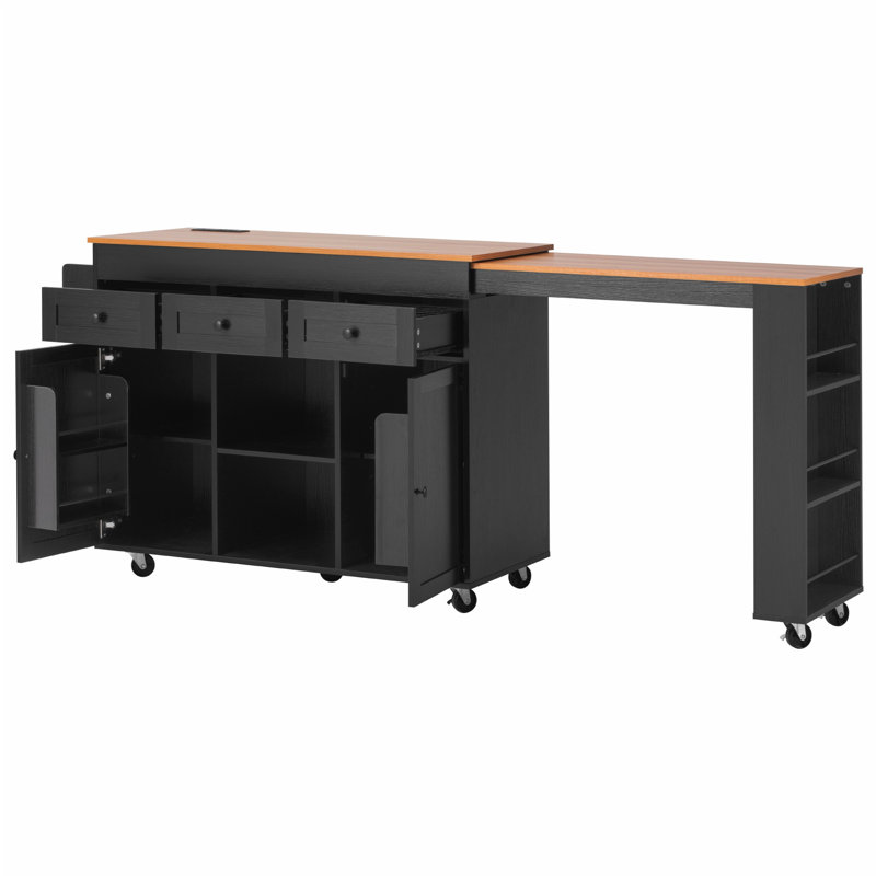 85.5" Kitchen Island with Extendable Dining Table, Kitchen Storage Table with 3 Side Open Shelves, Rolling Kitchen Island with Power Outlet, 3 Drawers, 2 Doors, for Kitchen, Dining Room, Black