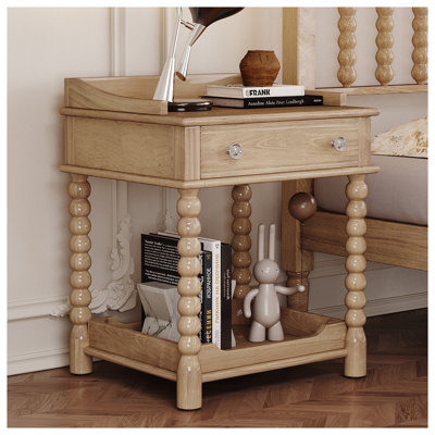Table de chevet de style rétro avec tiroir et tablette ouverte - Table de chevet en bois naturel avec pieds tournés pour la chambre à coucher, mobilier de chambre rétro