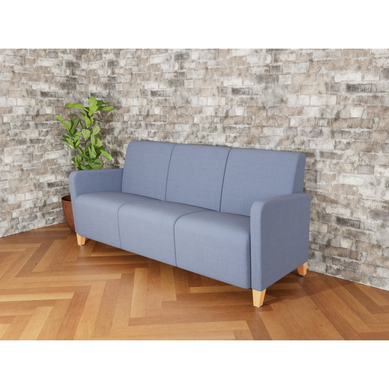 Fauteuil de réception 3 places Ravenna, Bois naturel, Chambray bleu marine clair