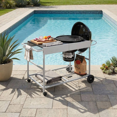 Movable Outdoor Grill Table, Fits 18/22 Inch Weber Original Kettle Grills, Weather-Resistant Steel Frame With Lockable Wheels, Suitable For Camping, Backyard BBQ