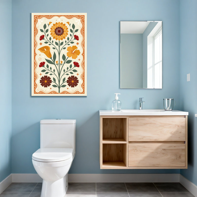 Motif floral de plantes et de fleurs avec des couleurs vives et une bordure ornée, H 48 po x l 32 po