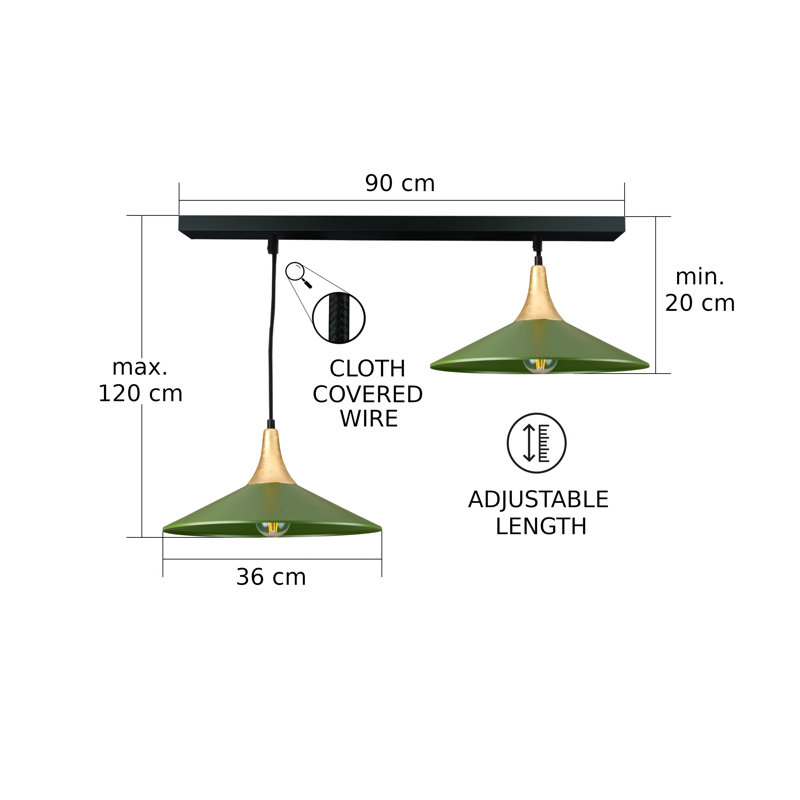 - Light Matte Black Dome Pendant, 2 Lights, 120cm H x 105cm W x 36cm D, Gold/Khaki