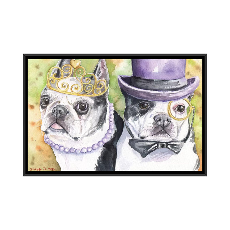«Boston Terrier Family», reproduction sur toile, H 18 po x l 26 po x P 1,5 po, Toile avec cadre noir, Pas de tapis