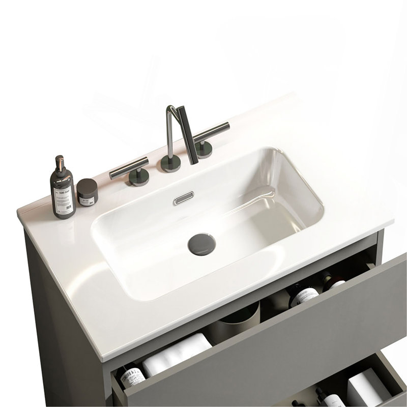 Integrated white ceramic basin with three predrilled faucet holes, drain assembly NOT included