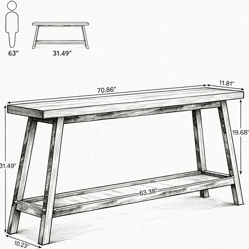 Console de style campagnard 70,9 po, canapé d'entrée à 2 niveaux pour le couloir et le salon, table d'appoint rustique étroite