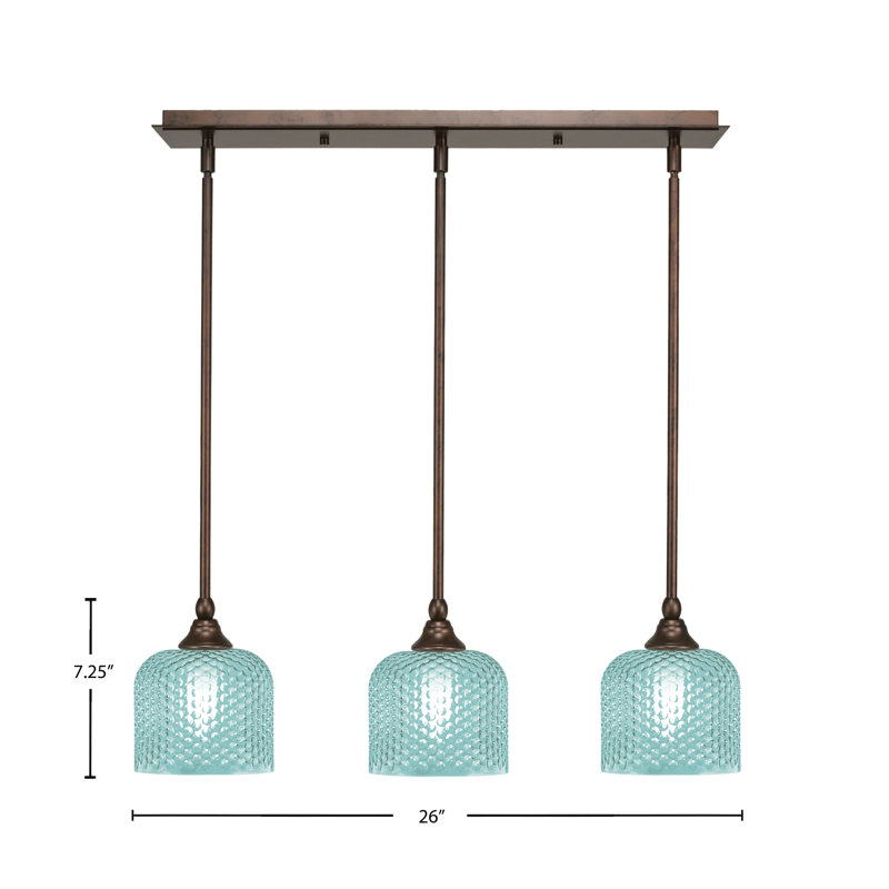 Luminaire suspendu linéaire à 3 lumières avec verre texturé turquoise de 6 po, H 7,25 po x l 26 po x P 6 po, Bronze