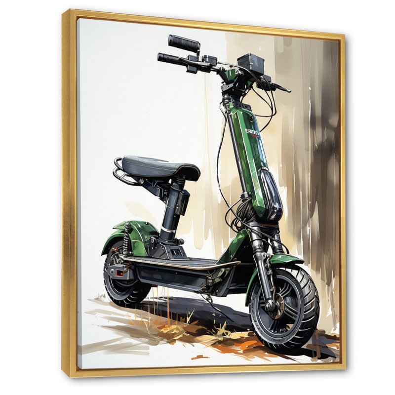 Chieu vert scooter électrique sur toile, H 32 po x l 24 po x P 1 po, Cadre flottant doré