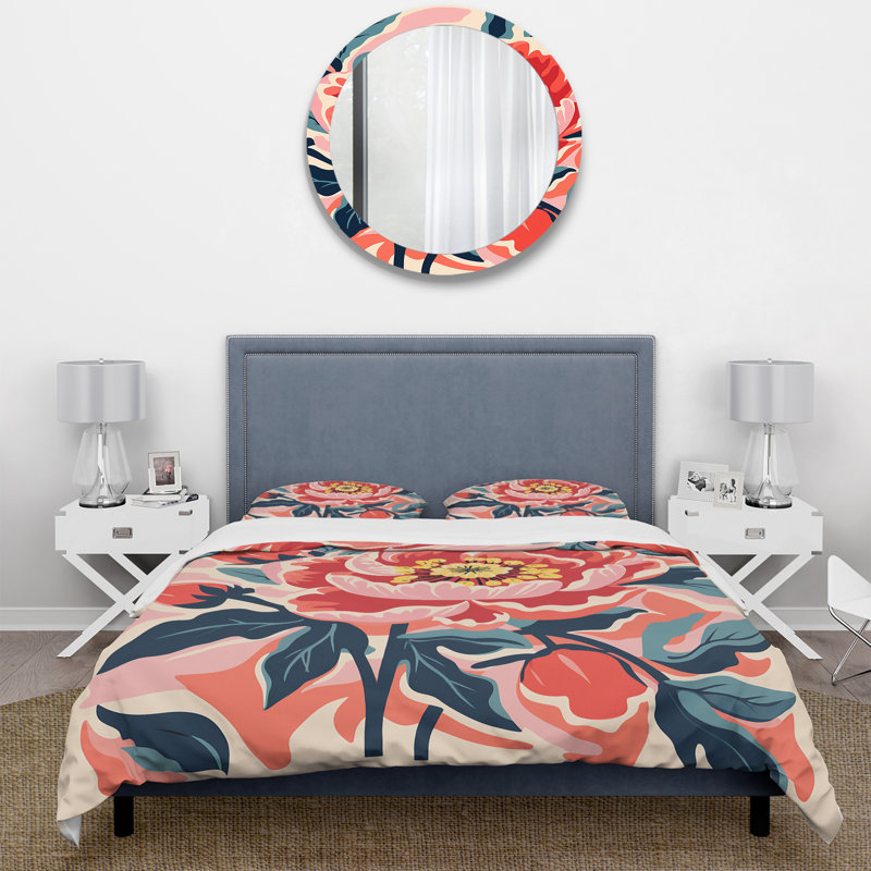 Ensemble de housse de couette pivoine rose et verte de style matisse, Housse de couette pour grand lit et 2 taies décor