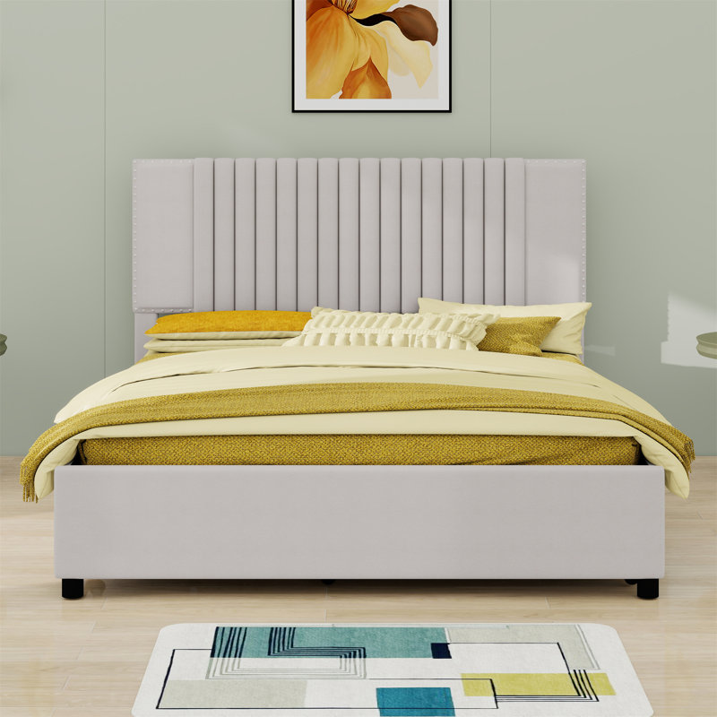 Lit plateforme tapissier avec 2 tiroirs et lit gigogne, tête de lit classique, Beige, Grand