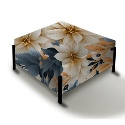 Blue And Gold Geometric Floral Harmony Fusion - Floral Large Square Ottoman