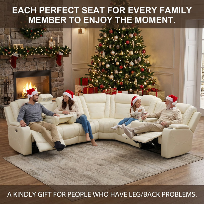 Off-White Genuine Leather 3-Piece Multi-Functional Recliner Sofa